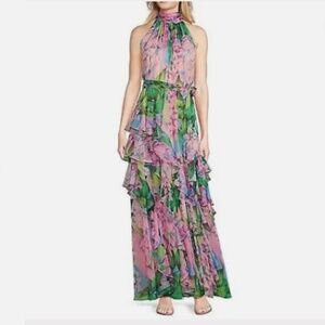 Alex Marie Fiona Ruffle Lilac Green Floral Long High Neck Maxi Dress